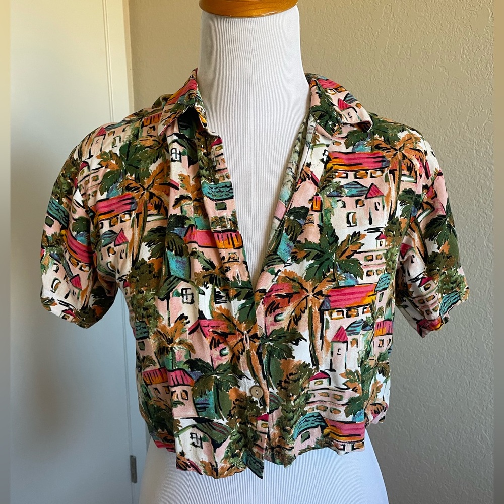 Tropical button up cropped blouse - small